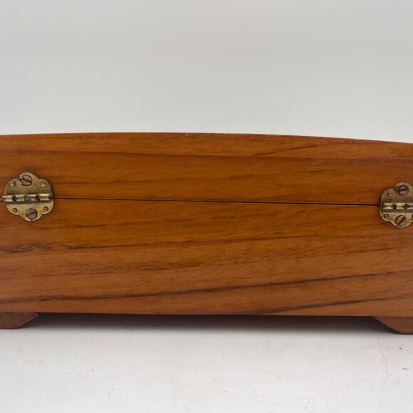 Vintage Wooden Pagoda Jewelry Box Mirrored Carved Design Red Velvet Interior - Picture 4 of 6